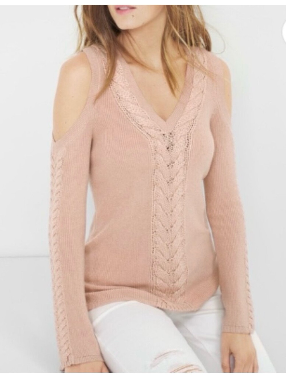 White House Black Market Cold-Shoulder Cable Knit V-Neck Sweater  Pink size S